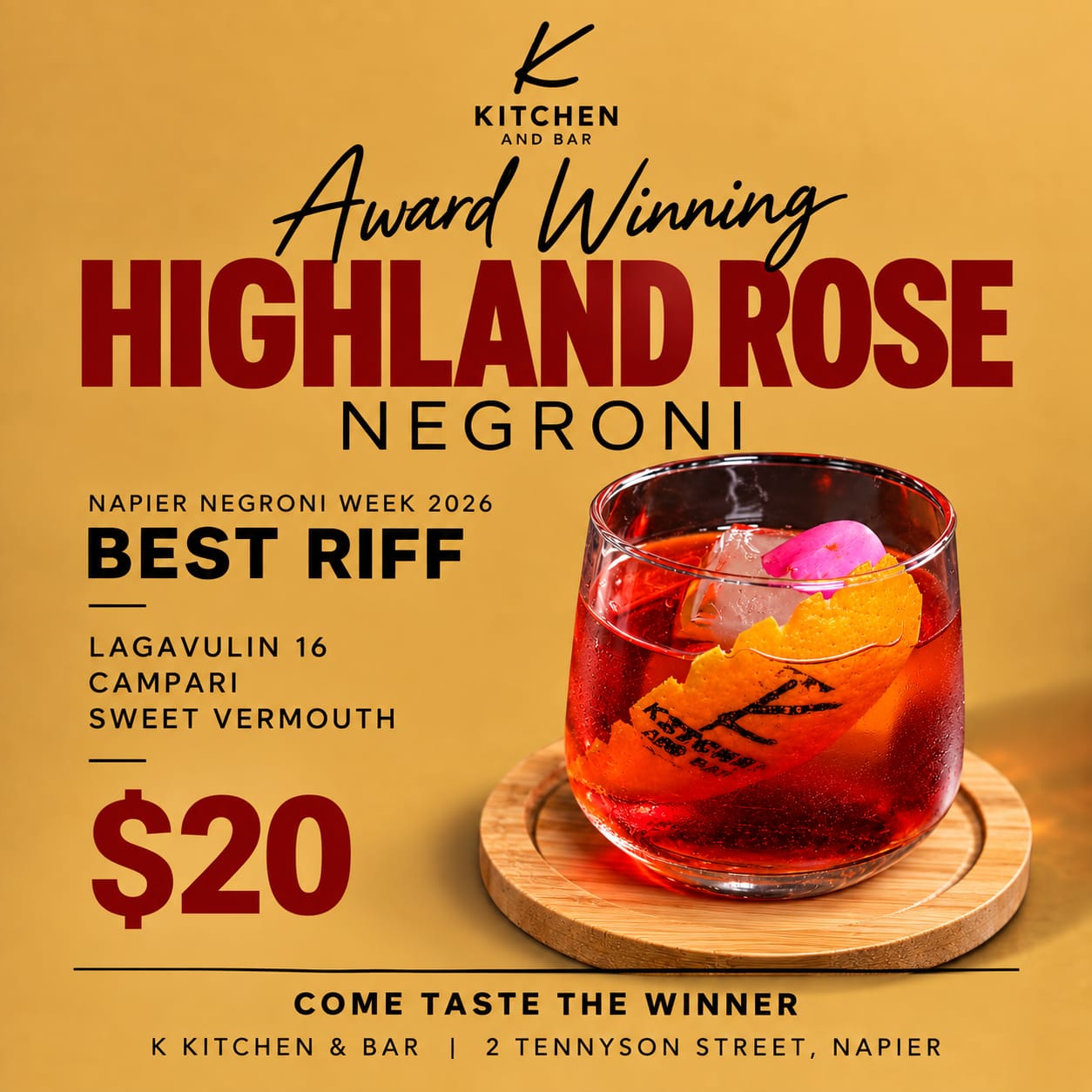 Award winning Highland Rose Negroni — Best Riff, Napier Negroni Week 2026